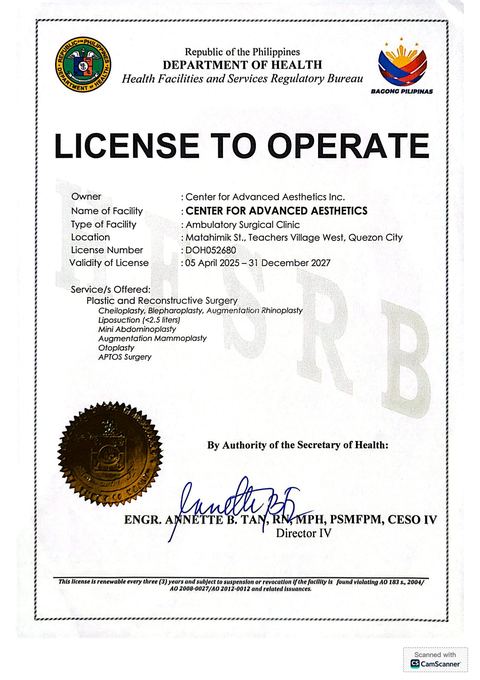 Watermarked display copy of Department of Health License to Operate DOH052680 for Center for Advanced Aesthetics, valid 5 April 2025 to 31 December 2027.