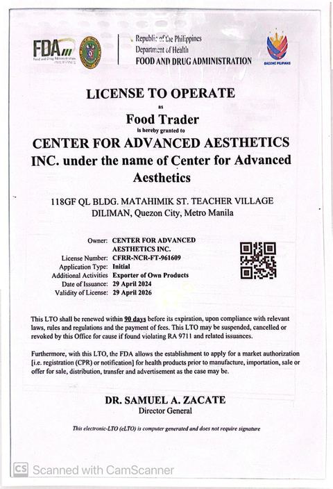 Watermarked display copy of FDA License to Operate CFRR-NCR-FT-961609 as Food Trader for Center for Advanced Aesthetics Inc., validity printed through 29 April 2026.