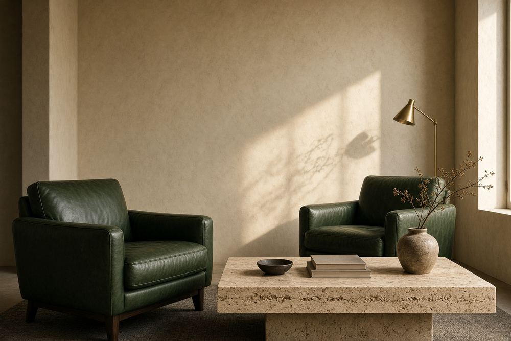 Conceptual study of a quiet professional lounge with pine-green chairs and a travertine table. Not a photograph of the facility.