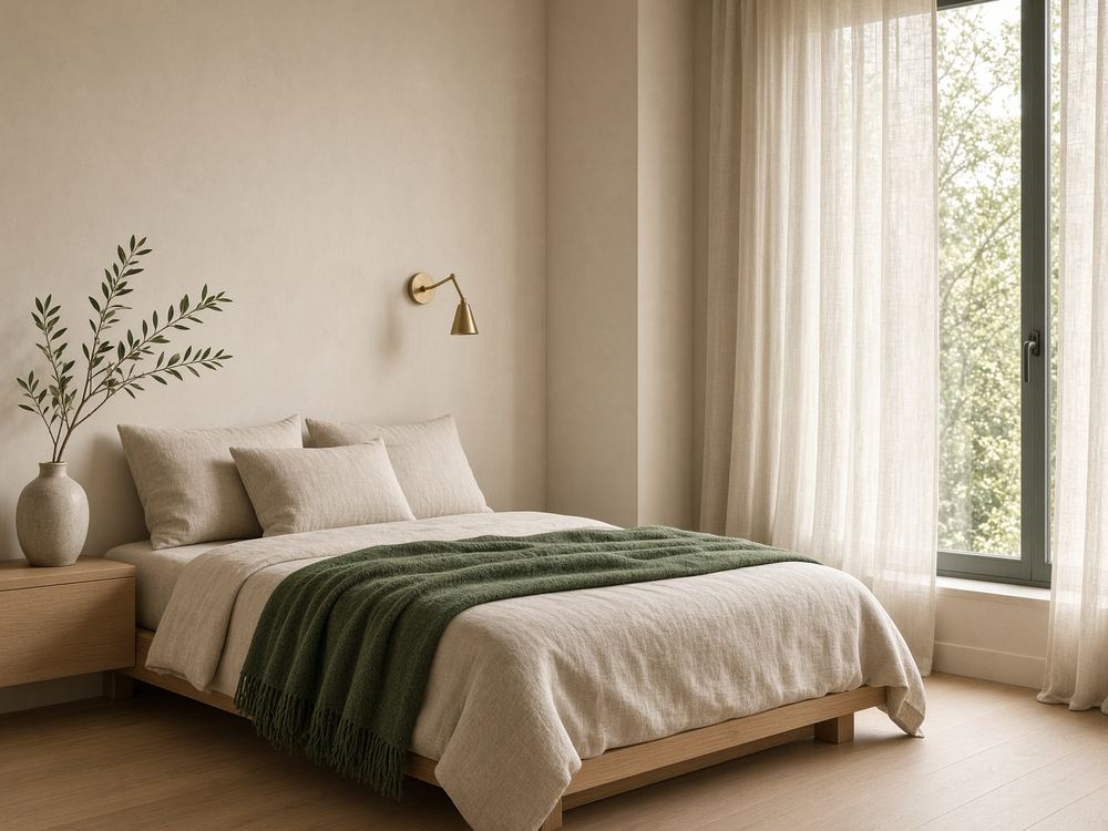Conceptual study of a private recovery room with a linen daybed, oak, and morning light. Not a photograph of the facility.