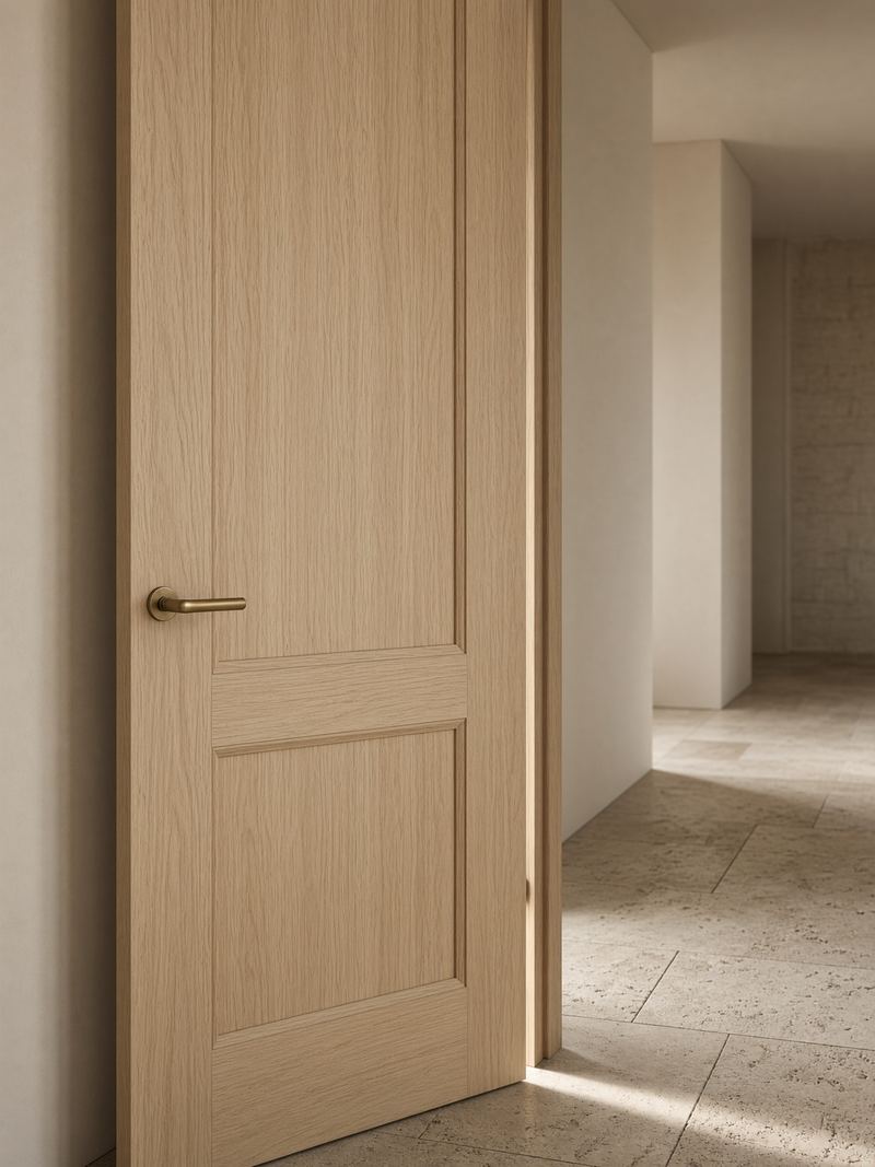 Conceptual study of a pale oak door opening onto a quiet stone corridor. Not a photograph of the facility.